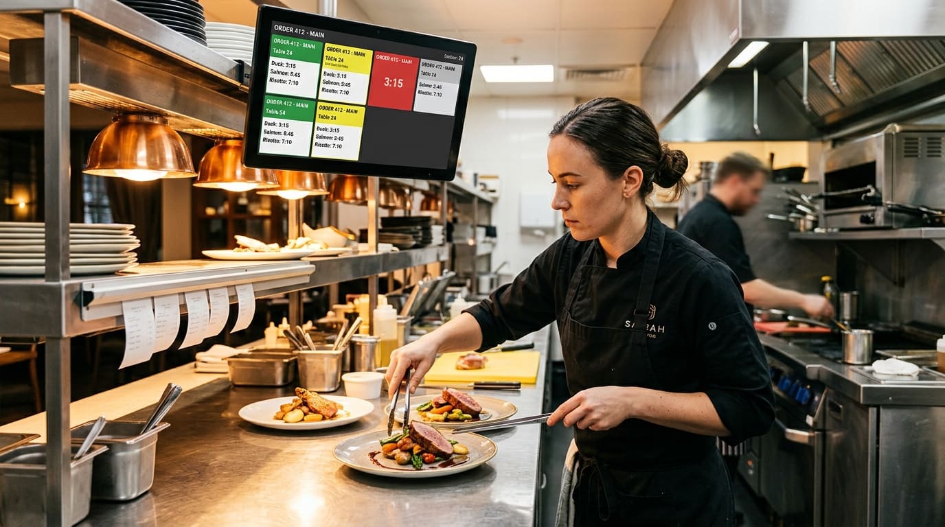 Head chef expediting dishes with OrderTap Kitchen Display System